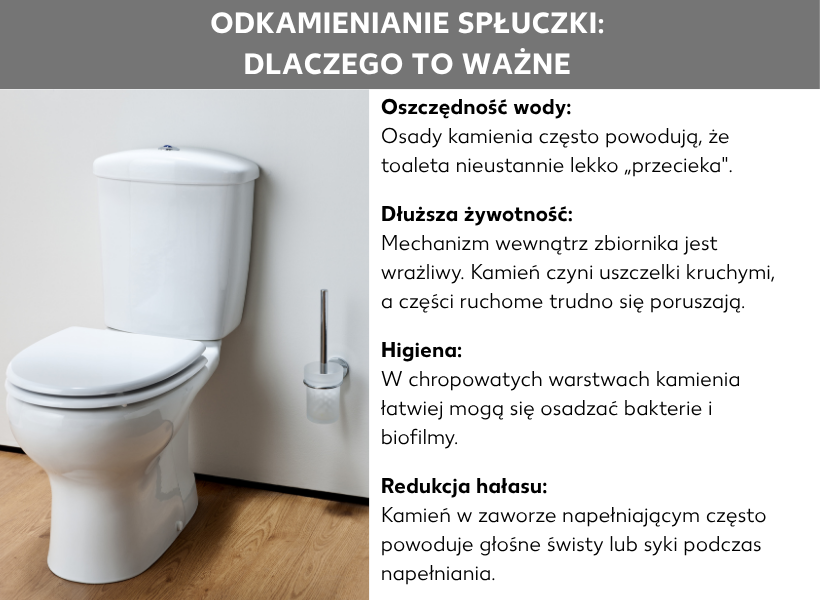 Infografika: Jak odkamienić spłuczkę: Po co to robić? Osady wapienne często powodują, że z toalety stale lekko „cieknie”. Dłuższa żywotność: Mechanizm wewnętrzny spłuczki jest delikatny. Wapń powoduje łamliwość uszczelek i utrudnia działanie ruchomych części. Higiena: W szorstkich warstwach wapnia łatwiej osadzają się bakterie i biofilmy. Redukcja hałasu: Wapń w zaworze spustowym często powoduje głośne gwizdy lub syczenie podczas napełniania.