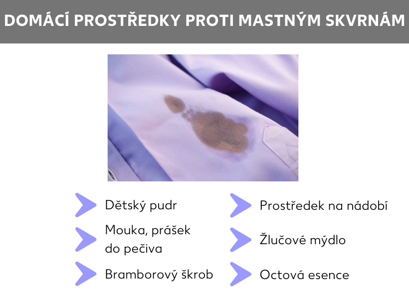 Informační grafika: Domácí prostředky proti mastným skvrnám: dětský pudr, mouka, prášek do pečiva, škrob, prostředek na mytí nádobí, žlučové mýdlo, octová esence.