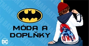 Reklama: Móda a doplňky Batman. Na obrázku je osoba, která má na sobě bundu s kapucí s motivem Batmana.