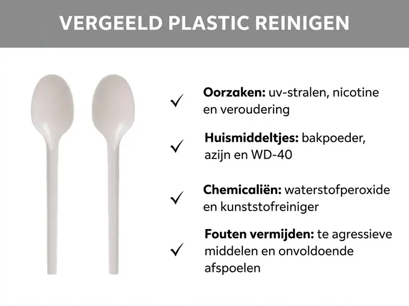 Infographic: vergeeld plastic schoonmaken, afbeelding van plastic lepels, met daarnaast de volgende tekst: oorzaken: uv-stralen, nicotine en veroudering, huismiddelen: bakpoeder, azijn en WD-40, chemicaliën: waterstofperoxide en kunststofreiniger, fouten vermijden: te agressieve middelen en onvoldoende naspoelen