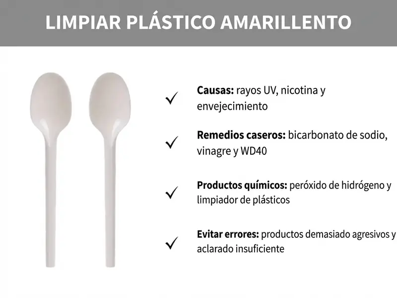 Infografía: limpiar plástico amarillento, imagen de cucharas de plástico, con el siguiente texto: Causas: rayos UV, nicotina y envejecimiento; Remedios caseros: bicarbonato, vinagre y WD-40; Productos químicos: peróxido de hidrógeno y limpiador de plásticos; Evitar errores: productos demasiado agresivos y aclarado insuficiente