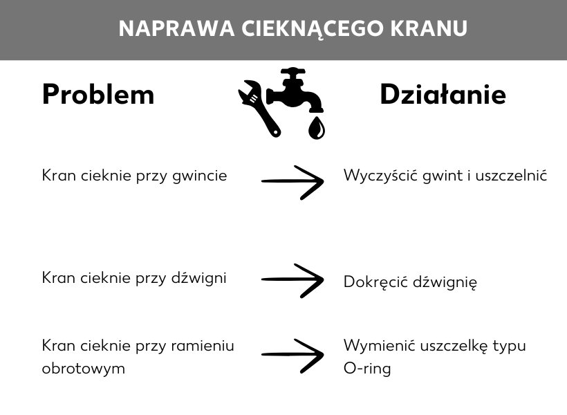 Infografika Naprawa kranu. Z punktami: Kran przecieka na gwincie: Wyczyść i uszczelnij gwint, Kran przecieka przy dźwigni: Odkręć dźwignię, Kran przecieka przy ramieniu: Wymień O-ringi.