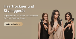Werbung: Haartrockner und Stylinggerät. Ein Tool. Endlose Styles. Drei Frauen zeigen das Gerät mit verschiedenen Aufsätzen.
