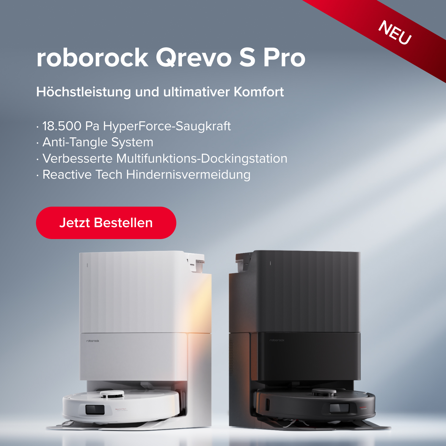 Werbung: roborock Saros Z70. Features: Mechanischer OmniGrip Arm, KI-gestützte Anpassung, StarSight System 2.0, 22.000 Pa Saugkraft. iF Design Award 2025. Button: Jetzt Bestellen.