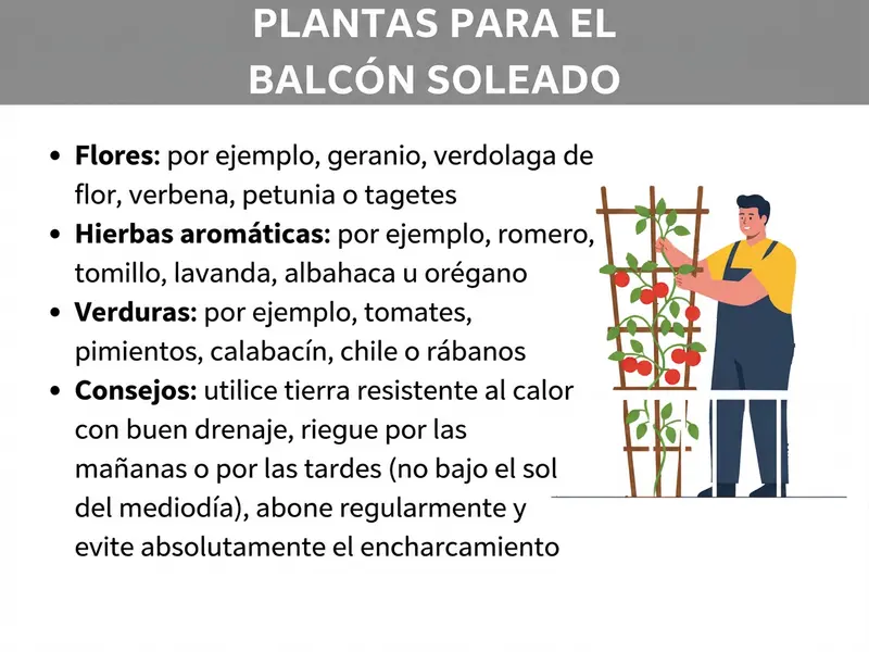 Infografía con el título «Plantas para balcón soleado». Se enumeran cuatro categorías: flores (p. ej., geranio, portulaca, verbena, petunia, tagetes), hierbas aromáticas (p. ej., romero, tomillo, lavanda, albahaca, orégano), hortalizas (p. ej., tomates, pimientos, calabacines, chiles, rabanitos) y consejos de cuidado (usar tierra resistente al calor con buen drenaje, regar por la mañana o por la noche, abonar con regularidad, evitar el encharcamiento). A la derecha se muestra la ilustración de una persona trabajando junto a un enrejado con tomateras.