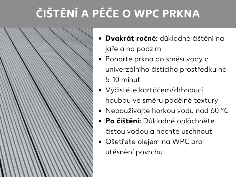 Infografika se šesti tipy pro čištění a údržbu WPC terasy, jako je pravidelné čištění, správné drhnutí a závěrečná péče olejem.