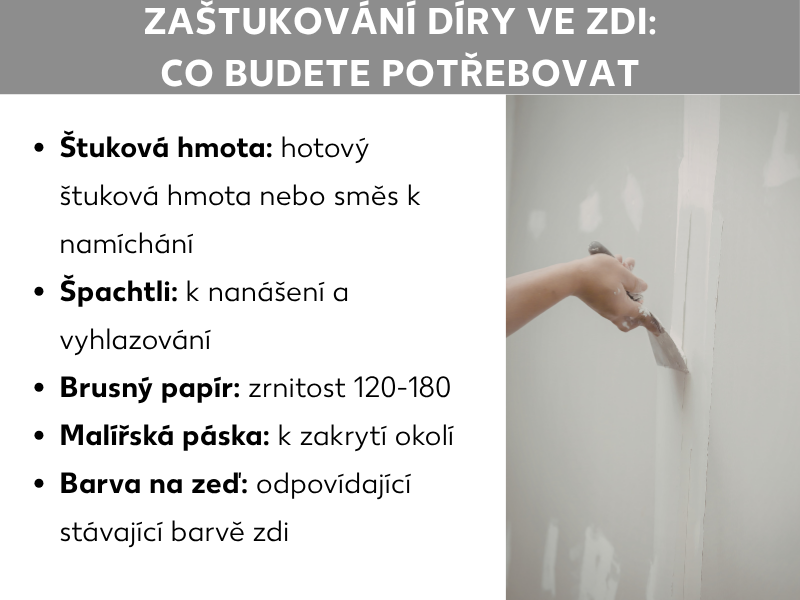 Infografika s názvem „Tmelení děr ve zdi: Co budete potřebovat". Vlevo výčet potřebných materiálů: tmel (hotový tmel nebo tmel k namíchání), stěrka (k nanášení a hlazení), brusný papír (zrnitost 120–180), malířská páska (k zakrytí okolí) a barva na zeď (odpovídající stávajícímu odstínu). Vpravo fotografie ruky, která stěrkou tmelí zeď.
