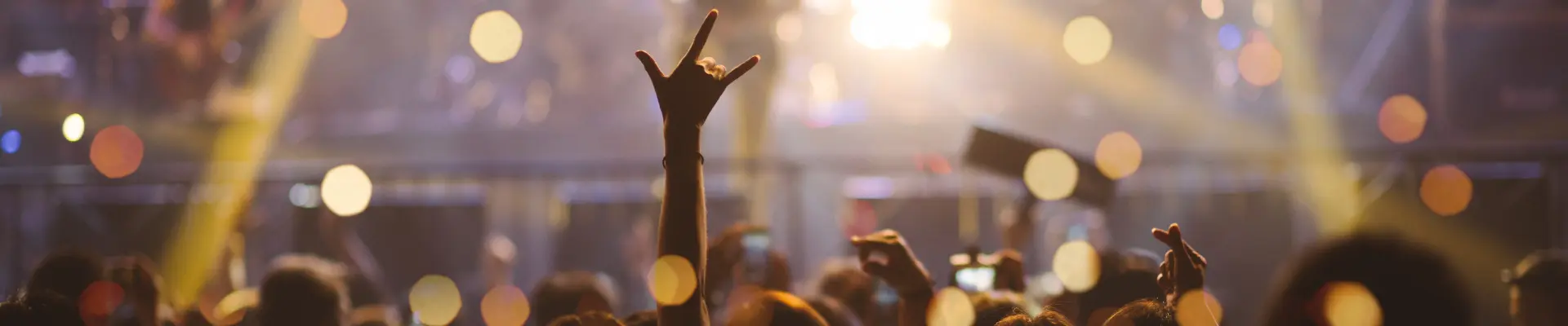 Schmuckbild: Menschemenge vor Bühne, Frau die Rock'n'Roll Zeichen mit der Hand macht