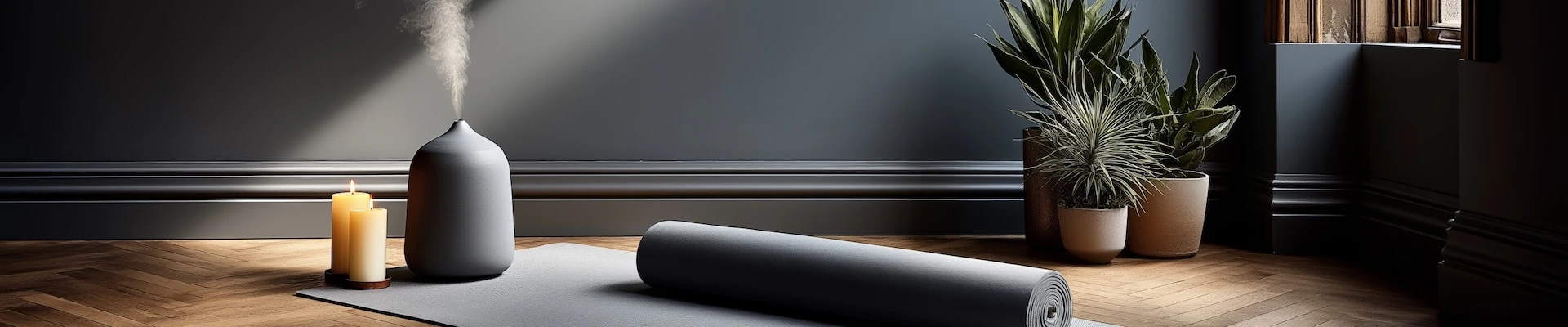 Schmuckbild: Yogamatten, ein Diffuser, Kerzen und ein paar Pflanzen.