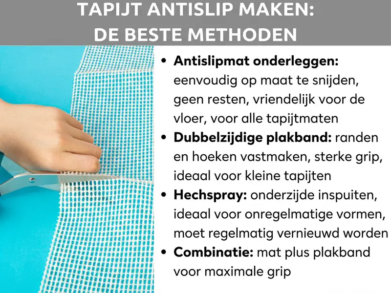 Infographic "Tapijt antislip maken – De beste methoden" met een foto waarop een hand te zien is die een antislipmat op maat knipt met een schaar. Daarnaast vier methoden in steekwoorden: antislipmat onderleggen (op maat te knippen, zonder resten, vloervriendelijk, voor alle maten), dubbelzijdig plakband (fixeert randen en hoeken, stevige grip, ideaal voor kleine tapijten), antislipspray (op de onderkant sprayen, voor onregelmatige vormen, moet regelmatig vernieuwd worden) en de combinatie van mat en plakband voor maximale grip.