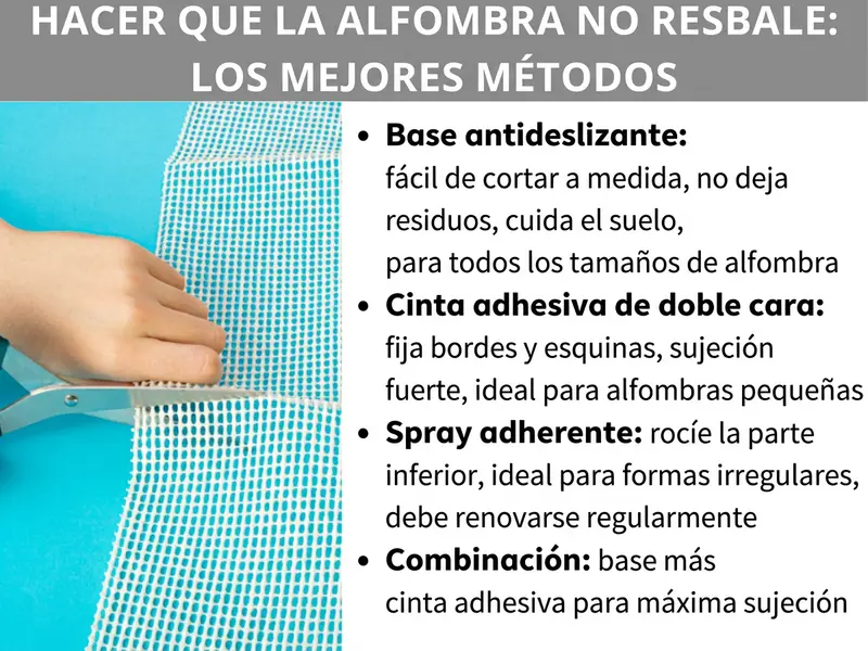 Infografía «Alfombra antideslizante: los mejores métodos», con una foto que muestra una mano recortando una base antideslizante con unas tijeras. Al lado, cuatro métodos en puntos clave: colocar una base antideslizante (recortable, sin residuos, protege el suelo, para todos los tamaños), cinta adhesiva de doble cara (fija bordes y esquinas, gran sujeción, ideal para alfombras pequeñas), espray adherente (aplicar en la parte inferior, para formas irregulares, debe renovarse periódicamente) y la combinación de base y cinta adhesiva para una sujeción máxima.