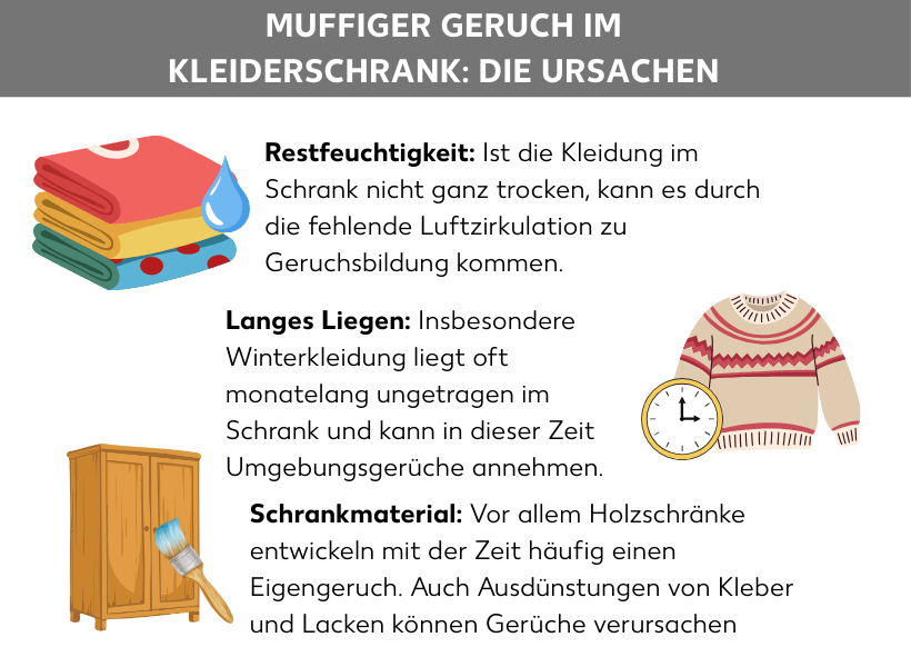 Infografik: Muffiger Geruch im Kleiderschrank: Die Ursachen: Neben der Grafik eines Kleiderstapfels steht "Restfeuchtigkeit", neben der Grafik eines Pullovers steht "Langes Liegen", neben der Grafik eines Schranks steht "Schrankmaterial".