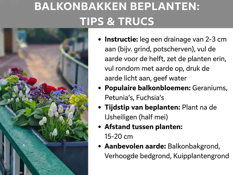 Infographic "Balkonbak beplanten: tips & tricks" met een foto van een kleurrijk beplant balkonhek (rode, gele, blauwe en witte bloemen) en de volgende punten: handleiding voor het inplanten (drainage, aarde, planten plaatsen en water geven), populaire balkonbloemen (geraniums, petunia's, fuchsia's), planttijdstip na de ijsheiligen halverwege mei, plantafstand 15–20 cm en aanbevolen grondsoorten (balkonbakgrond, moestuinbakgrond, kuipplantengrond).