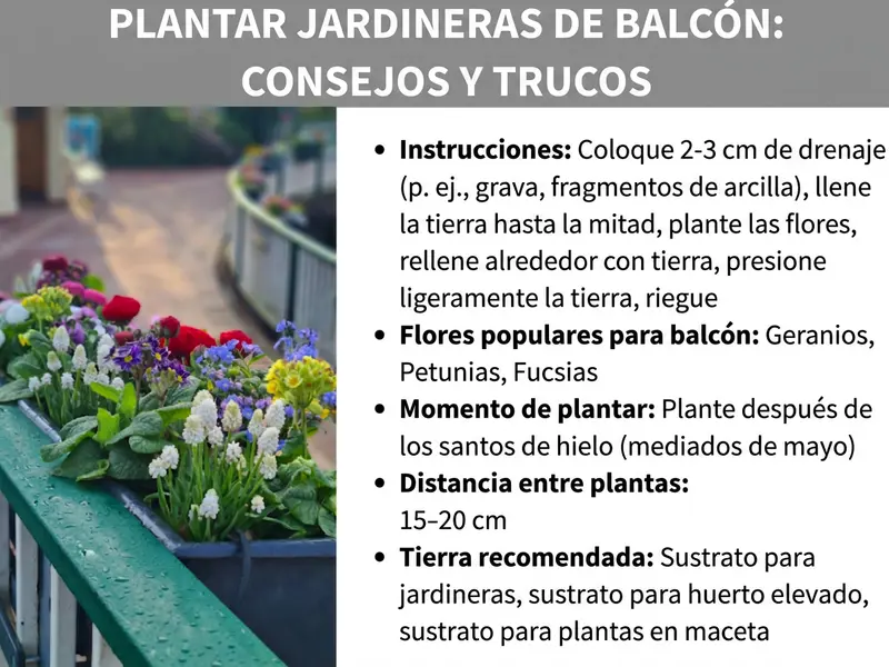 Infografía «Cómo plantar jardineras: consejos y trucos» con una foto de una barandilla de balcón con flores de colores (rojas, amarillas, azules y blancas) y los siguientes puntos clave: instrucciones para plantar (drenaje, tierra, colocar las plantas y regar), flores de balcón populares (geranios, petunias, fucsias), momento de plantación a partir de mediados de mayo, distancia entre plantas de 15-20 cm y sustratos recomendados (tierra para jardineras, sustrato para huertos urbanos, sustrato para macetas).