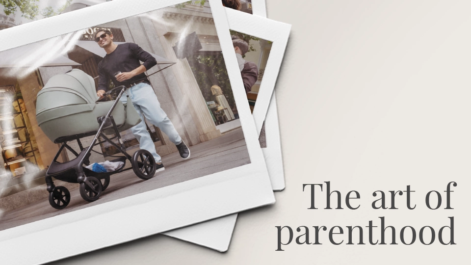 Werbung: Kinderkraft Banner „The art of parenthood“ zeigt einen Vater mit modernem Kinderwagen im Polaroid-Stil.