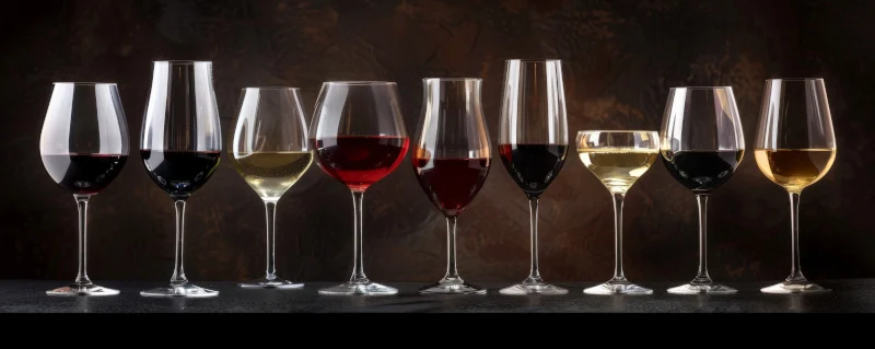 Schmuckbild: Foto von 9 verschieden geformten, nebeneinanderstehenden Weingläsern, die entweder mit weißem oder rotem Wein gefüllt sind.