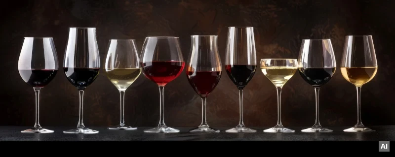 Schmuckbild: Foto von 9 verschieden geformten, nebeneinanderstehenden Weingläsern, die entweder mit weißem oder rotem Wein gefüllt sind. (Mit KI generiert)