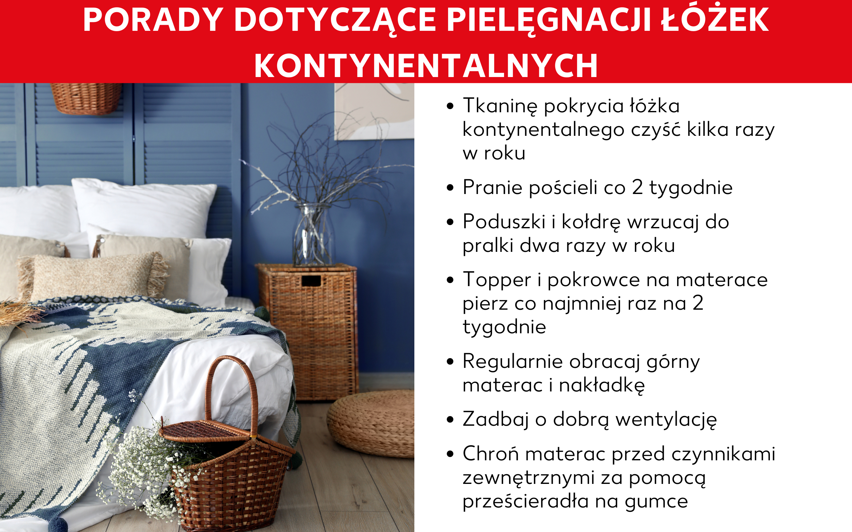 Grafika ze wskazówkami dotyczącymi pielęgnacji łóżek kontynentalnych