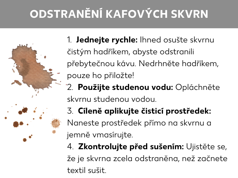 Informační grafika: Jak odstranit skvrny od kávy; skvrny od kávy a vedle nich následující návod: Jednejte rychle: Skvrnu ihned otřete čistým hadříkem, abyste z ní odstranili přebytečnou kávu. Netlačte při tom! 2. Použijte studenou vodu: Skvrnu omyjte studenou vodou. 3. Cíleně použijte čisticí prostředky: Naneste prostředek přímo na skvrnu a jemně ho zapracujte. 4. Kontrola před sušením: Než textil usušíte, ujistěte se, že je skvrna zcela odstraněná.