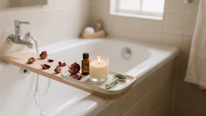 Schmuckbild: Eine Badewanne mit einer Badewannenablage, darauf eine brennende Kerze, Rosenblätter sowie ein Gesichtsmassageroller.