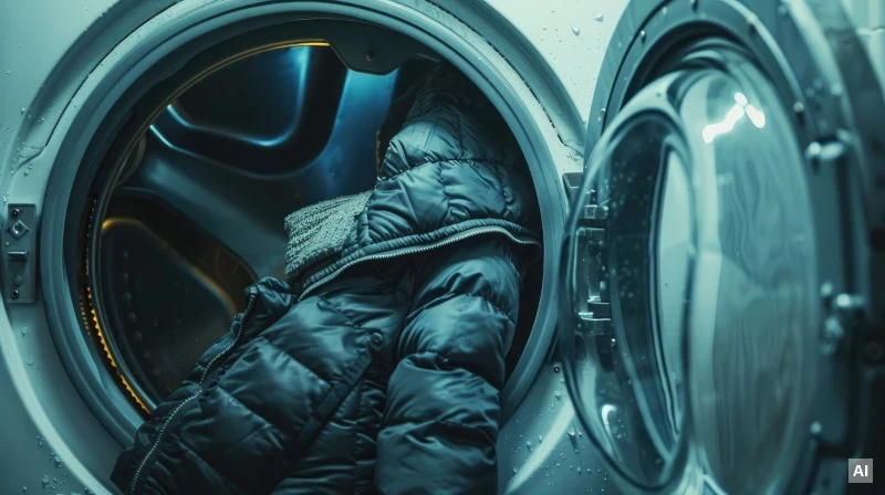 Schmuckbild: Dunkelgraue Winterjacke liegt in einer geöffneten Waschmaschine. (Mit KI generiert)
