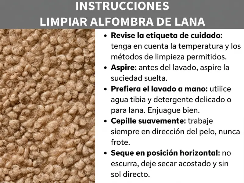 Infografía: guía para limpiar una alfombra de lana en cinco pasos: revisar la etiqueta de cuidado, aspirar, lavado a mano con agua tibia y detergente para lana, cepillado suave en la dirección del pelo y secado en horizontal sin retorcer ni exponer al sol directo. A la izquierda, una foto de una alfombra flokati de color crema.