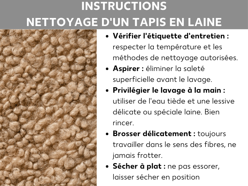 Infographie : guide pour nettoyer un tapis en laine en cinq étapes – vérifier l'étiquette d'entretien, aspirer, laver à la main avec de l'eau tiède et une lessive spéciale laine, brosser doucement dans le sens du poil, puis sécher à plat sans tordre ni exposer au soleil. À gauche, photo d'un tapis flokati couleur crème.