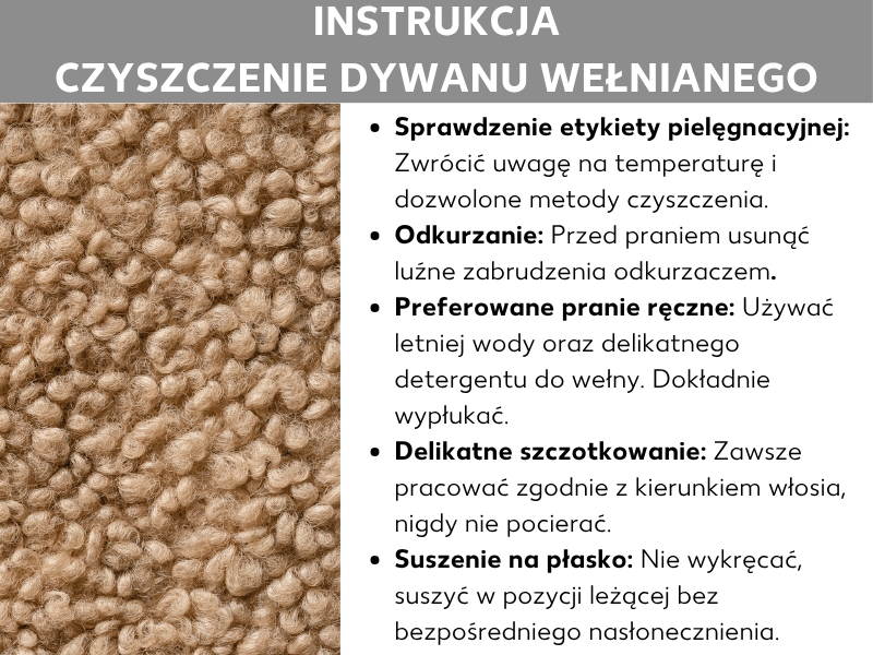 Infografika: instrukcja czyszczenia dywanu wełnianego w pięciu krokach – sprawdzenie metki pielęgnacyjnej, odkurzanie, pranie ręczne w letniej wodzie ze środkiem do prania wełny, delikatne szczotkowanie zgodnie z kierunkiem włosa oraz płaskie suszenie bez wykręcania i bez bezpośredniego słońca. Po lewej zdjęcie kremowego dywanu typu flokati.