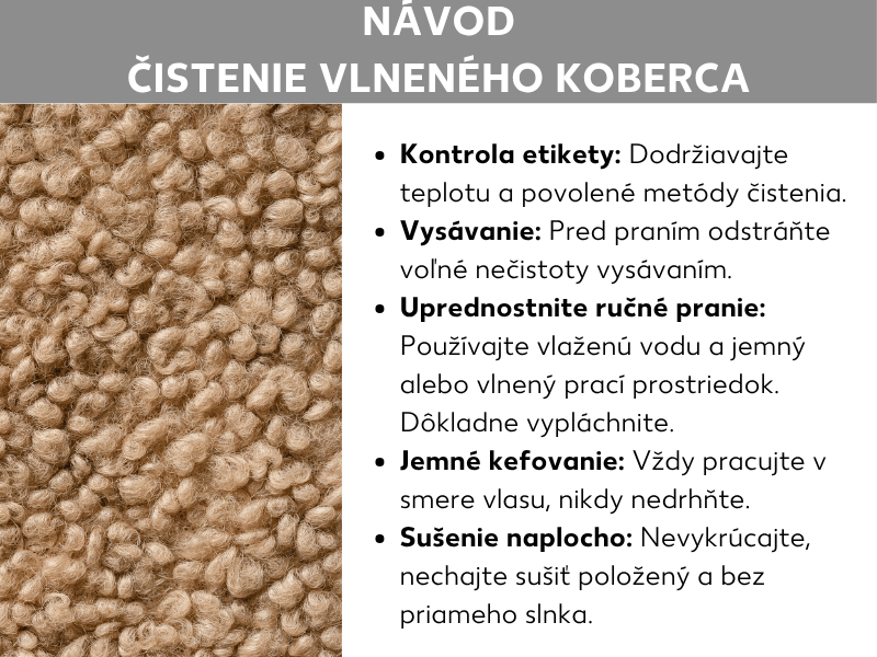 Infografika: Návod na čistenie vlneného koberca v piatich krokoch – skontrolovať etiketu údržby, vysať, ručne umyť vlažnou vodou s prostriedkom na vlnu, jemne kefovať v smere vlasu a sušiť naplocho bez žmýkania a priameho slnka. Vľavo fotografia krémového koberca flokati.