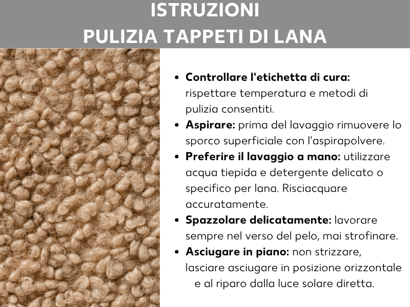 Infografica: guida alla pulizia di un tappeto di lana in cinque passaggi — controllare l'etichetta di cura, passare l'aspirapolvere, lavare a mano con acqua tiepida e detersivo per lana, spazzolare delicatamente nella direzione del pelo e asciugare in piano senza strizzare né esporre alla luce diretta del sole. A sinistra, la foto di un tappeto flokati color panna.