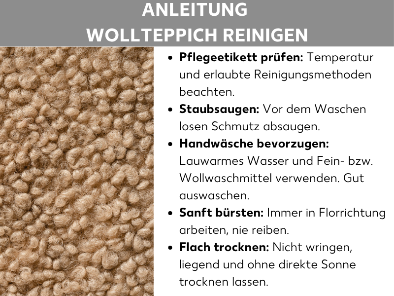 Infografik: Anleitung zum Reinigen eines Wollteppichs mit fünf Schritten: Pflegeetikett prüfen, Staubsaugen, Handwäsche mit lauwarmem Wasser und Wollwaschmittel, sanftes Bürsten in Florrichtung sowie flaches Trocknen ohne Wringen und direkte Sonne. Links ein Foto eines cremefarbenen Flokati-Teppichs.