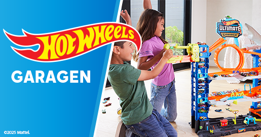 Werbung: Zwei Kinder spielen mit der großen Hot Wheels Ultimate Garage. Text-Banner: Hot Wheels Garagen.