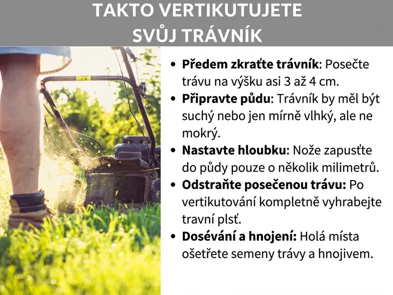 Infografika: „Jak vertikutovat trávník“ – Návod v pěti krocích, ilustrovaný fotografií osoby sekající trávu. Kroky: 1. Předem trávník posekat: Trávu zkrátit na asi 3–4 cm. 2. Připravit půdu: Trávník by měl být suchý nebo mírně vlhký, nikdy mokrý. 3. Nastavit hloubku: Nože zaříznout jen několik milimetrů do půdy. 4. Odstranit plsť: Po vertikutaci důkladně vyhrabat veškerou travní plsť. 5. Dosít a pohnojit: Holá místa osít travním osivem a přihnojit.