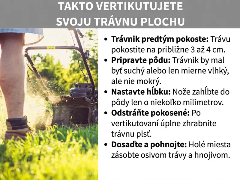 Infografika: „Ako vertikutovať trávnik“ – návod v piatich krokoch, ilustrovaný fotografiou osoby tlačiacej kosačku po trávniku. Kroky: 1. Vopred pokosenie trávnika: trávu pokosíte na výšku približne 3 až 4 cm. 2. Príprava pôdy: trávnik by mal byť suchý alebo len mierne vlhký, nie mokrý. 3. Nastavenie hĺbky: nože zasúvajte len niekoľko milimetrov do pôdy. 4. Odstránenie trávnej plsti: po vertikutácii trávnu plsť dôkladne vyhrabte. 5. Doplnenie osiva a hnojenie: holé miesta dosejte trávnym osivom a pohnoďte.