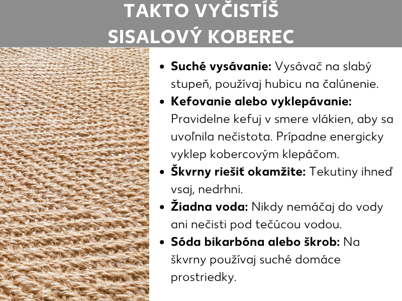 Infografika s názvom „Ako vyčistiť sisalový koberec": Vľavo detailná fotografia béžového sisalového koberca s hrubou pletenou štruktúrou. Vpravo päť tipov na čistenie: vysávať nasucho čalúnnickou hubicou na nízkom stupni; pravidelne kefovať v smere vlákien alebo vyklepávať; škvrny ihneď odsať bez trenia; nikdy nenamáčať ani neumývať pod vodou; na škvrny používať suché domáce prostriedky ako sódu bikarbónu alebo zemiakovú múčku.