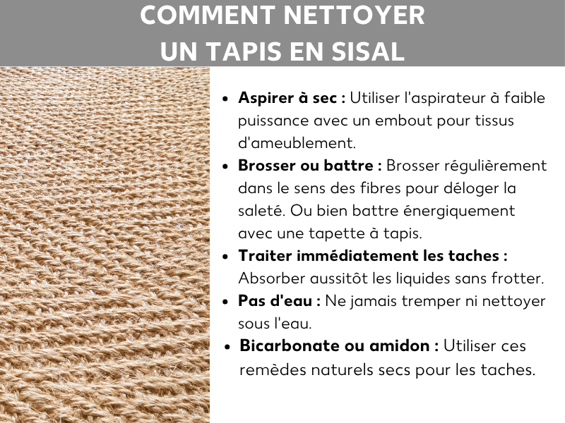 Infographie intitulée « Comment nettoyer un tapis en sisal » : à gauche, gros plan d'un tapis en sisal beige avec une texture tressée grossière. À droite, cinq conseils d'entretien : aspirer à sec avec un embout tissu d'ameublement sur faible puissance ; brosser régulièrement dans le sens des fibres ou battre le tapis ; absorber les taches immédiatement sans frotter ; ne jamais tremper ni laver à grande eau ; utiliser des poudres absorbantes comme le bicarbonate de soude ou la fécule.