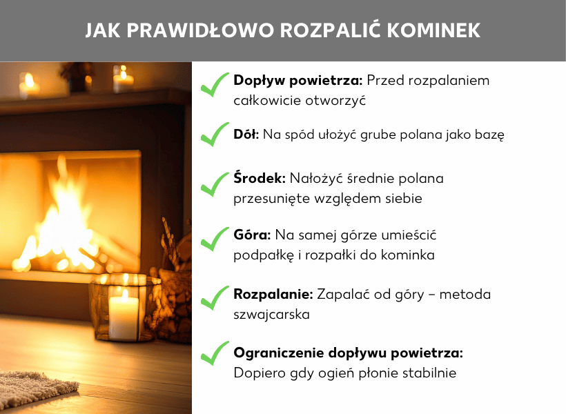 Infografika: jak prawidłowo rozpalić kominek. Po lewej zdjęcie płonącego kominka z ciepłym światłem i świecą na pierwszym planie. Po prawej sześć kroków z zielonymi znacznikami: 1. Dopływ powietrza: przed rozpaleniem otwórz go całkowicie. 2. Na dole: ułóż grube polana jako podstawę. 3. W środku: połóż średnie polana na przemian. 4. Na górze: rozpałkę i podpałkę umieść na samej górze. 5. Rozpalanie: zapal od góry – metoda szwajcarska. 6. Zmniejsz dopływ powietrza: dopiero gdy ogień się ustabilizuje.