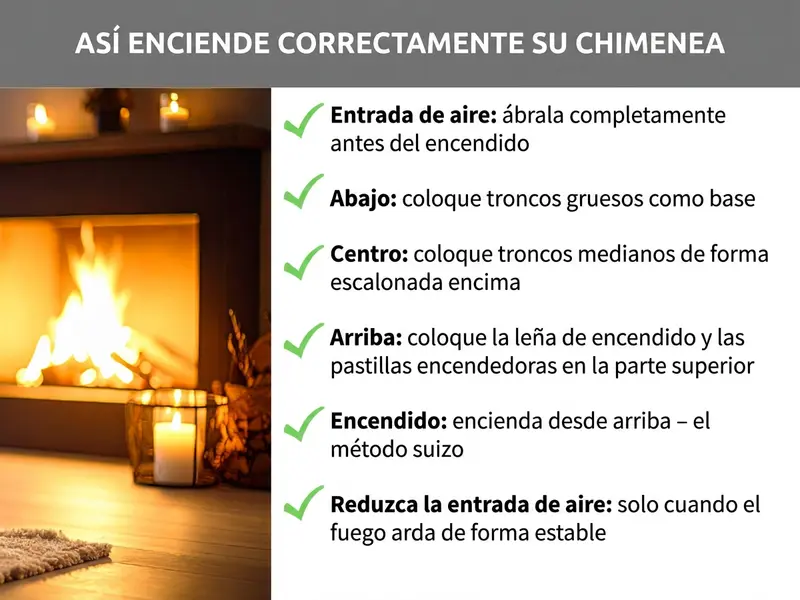 Infografía: así enciendes tu estufa de leña correctamente. A la izquierda, una foto de una estufa encendida con una luz cálida y una vela en primer plano. A la derecha, seis pasos con marcas verdes: 1. Entrada de aire: abrir completamente antes de encender. 2. Abajo: colocar troncos gruesos como base. 3. Centro: disponer troncos medianos alternados encima. 4. Arriba: colocar astillas y pastillas de encendido en la parte superior. 5. Encender: prender desde arriba, el método suizo. 6. Reducir la entrada de aire: solo cuando el fuego arda de forma estable.