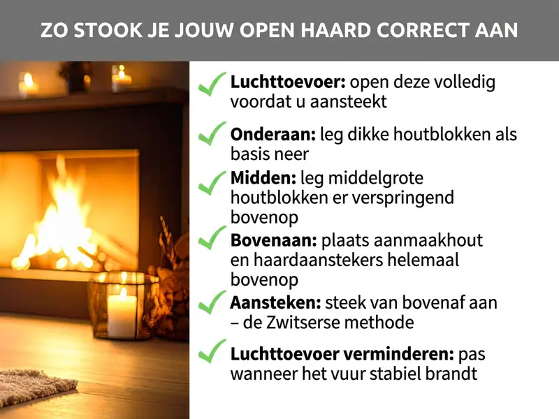 Infographic: Zo steek je je houtkachel goed aan. Links een foto van een brandende kachel met warm licht en een kaars op de voorgrond. Rechts zes stappen met groene vinkjes: 1. Luchttoevoer: voor het aansteken volledig openen. 2. Onder: dikke houtblokken als basis inleggen. 3. Midden: middelgrote houtblokken verspringend erop leggen. 4. Boven: aanmaakhout en aanmaakblokjes helemaal bovenop plaatsen. 5. Aansteken: van bovenaf aansteken – de Zwitserse methode. 6. Luchttoevoer verminderen: pas als het vuur stabiel brandt.