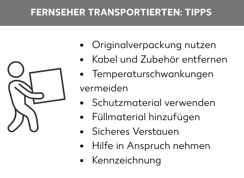 Infografik: Fernseher transportieren: Tipps: Originalverpackung nutzen, Kabel und Zubehör entfernen, Temperaturschwankungen vermeiden, Schutzmaterial verwenden, Füllmaterial hinzufügen, Sicheres Verstauen, Hilfe in Anspruch nehmen, Kennzeichnung