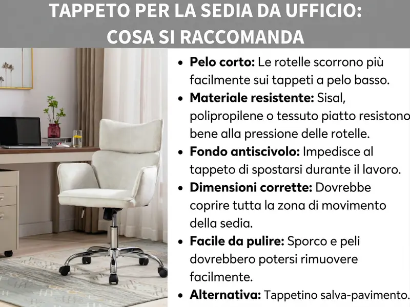 Infografica: consigli per scegliere un tappeto da mettere sotto la sedia da ufficio. Sono elencati sei criteri: pelo corto per agevolare lo scorrimento delle rotelle, materiale resistente come sisal, polipropilene o tessuto piatto, fondo antiscivolo per evitare spostamenti, dimensioni giuste per coprire tutta la zona di movimento, facilità di pulizia e, in alternativa, un tappetino protettivo per il pavimento. A corredo, la foto di una sedia da ufficio bianca su un tappeto davanti a una scrivania.