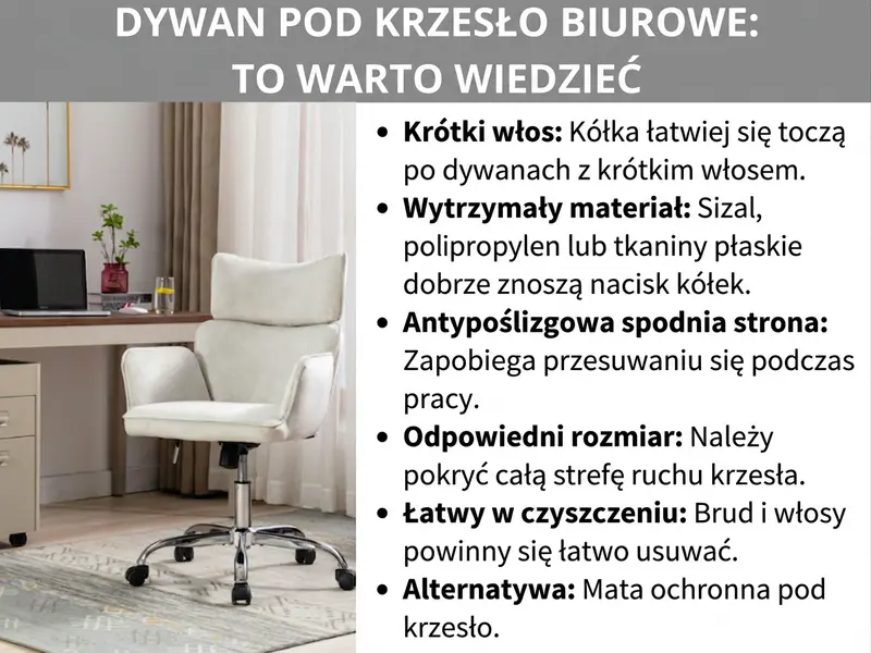 Infografika: zalecenia dotyczące dywanu pod fotel biurowy. Wymienione jest sześć kryteriów: krótki włos ułatwiający przesuwanie kółek, wytrzymały materiał (np. sizal, polipropylen lub tkanina płaska), antypoślizgowy spód, odpowiedni rozmiar obejmujący całą strefę ruchu, łatwe czyszczenie oraz alternatywa w postaci maty ochronnej. Na zdjęciu biały fotel biurowy na dywanie przed biurkiem.