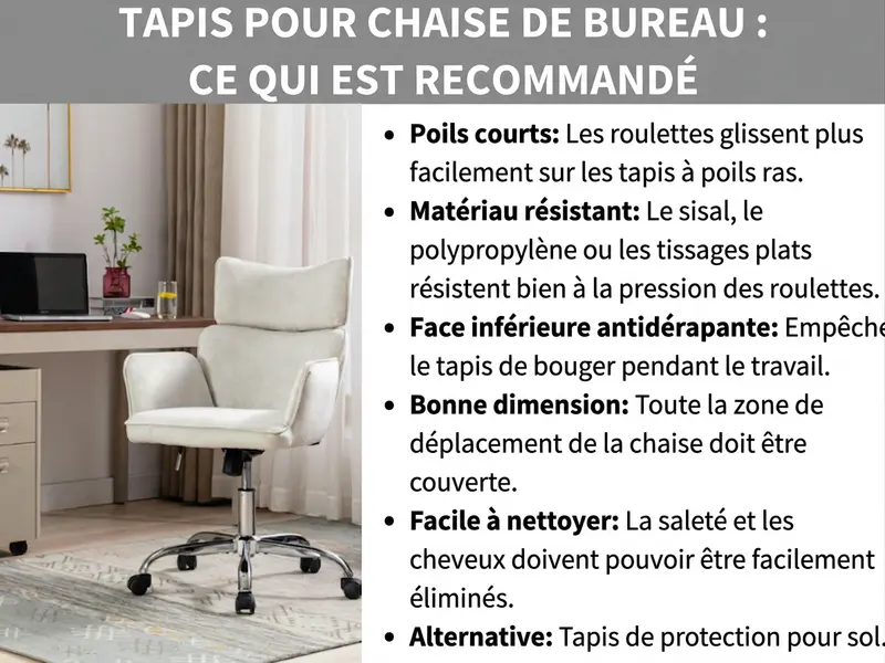 Infographie : recommandations pour choisir un tapis sous un fauteuil de bureau. Six critères sont listés : poils courts pour faciliter le roulement, matériau robuste comme le sisal, le polypropylène ou le tissage plat, dessous antidérapant, bonne taille pour couvrir toute la zone de mouvement, entretien facile et, en alternative, un tapis de protection. Photo d'un fauteuil de bureau blanc sur un tapis devant un bureau.