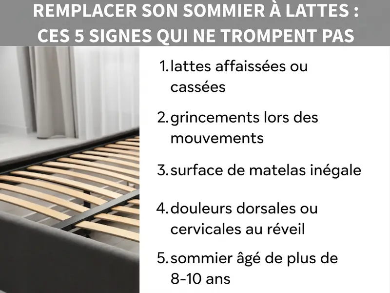 Infographie : Quand changer de sommier – ces 5 signes qui doivent alerter. La liste comprend cinq points : 1. lattes affaissées ou cassées, 2. grincements lors des mouvements, 3. matelas posé de façon irrégulière, 4. douleurs dorsales ou cervicales au réveil, 5. sommier de plus de 8 à 10 ans. À gauche, une photo d'un lit dont le sommier à lattes est visible par en dessous.
