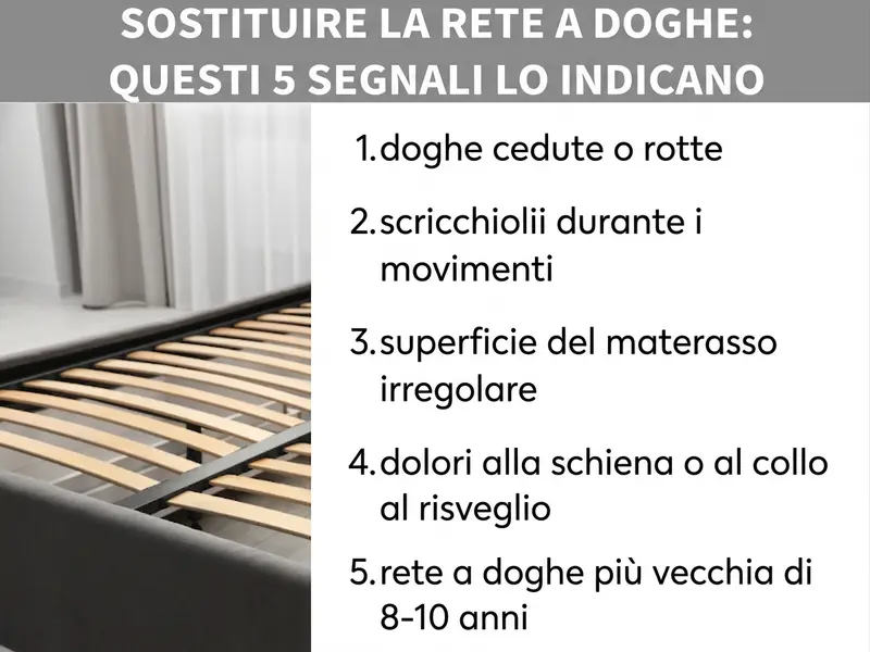 Infografica: sostituire la rete a doghe – cinque segnali da non ignorare. L’elenco comprende: 1. doghe incurvate o rotte, 2. scricchiolii durante i movimenti, 3. superficie d’appoggio irregolare per il materasso, 4. dolori alla schiena o al collo al risveglio, 5. rete a doghe con più di 8-10 anni. A sinistra dell’elenco si vede la foto di un letto con la rete a doghe visibile dal basso.