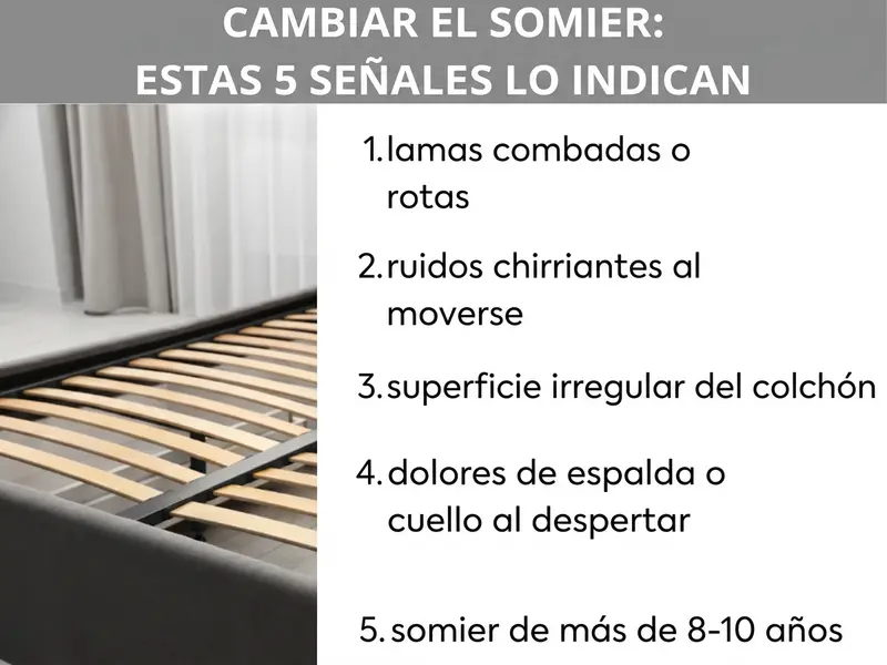 Infografía: cambiar somier – estas 5 señales lo confirman. La lista incluye cinco puntos: 1. lamas combadas o rotas, 2. crujidos al moverse, 3. superficie de apoyo irregular para el colchón, 4. dolor de espalda o cuello al despertar, 5. somier con más de 8-10 años de antigüedad. A la izquierda de la lista se ve la foto de una cama con el somier visible desde abajo.