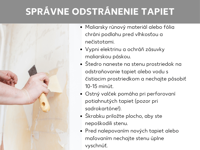 Infografika „Správne odstránenie tapiet": Ruka drží stierku a odstraňuje tapetu zo steny. Vedľa je návod krok za krokom: podlahu chrániť maliarskou textíliou alebo fóliou, vypnúť prúd a zalepiť zásuvky, nechať odstraňovač tapiet alebo vodu so saponátom pôsobiť 10 – 15 minút, príp. použiť perforovaný valček, škrabku nasadiť naplocho, pred novým tapetovaním nechať stenu úplne vyschnúť.