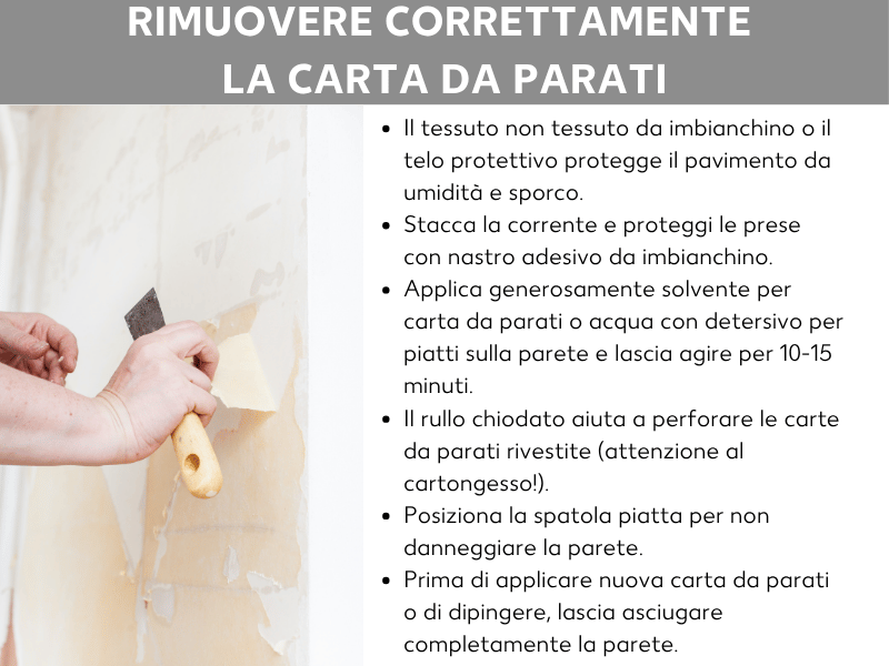 Infografica «Come rimuovere correttamente la carta da parati»: una mano tiene una spatola e stacca la carta da parati dalla parete. Accanto, una guida passo per passo: proteggere il pavimento con tessuto non tessuto o telo di plastica, staccare la corrente e coprire le prese con nastro adesivo, lasciare agire il solvente o l'acqua con detersivo per 10–15 minuti, se necessario usare il rullo perforatore, posizionare il raschietto in modo piatto, lasciare asciugare completamente la parete prima di ritappezzare.