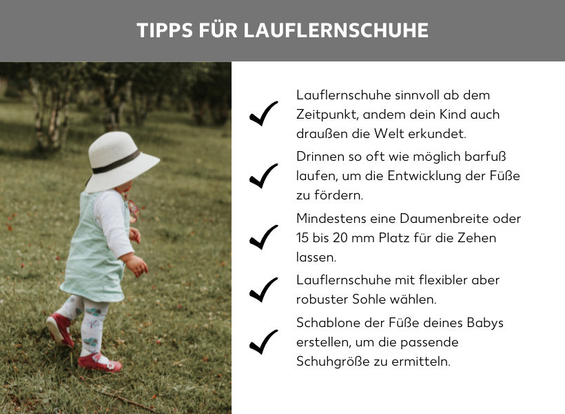 Infografik „Tipps für Lauflernschuhe“ mit einem Kleinkind auf einer Wiese. Text: Schuhe ab dem Erkunden der Außenwelt nutzen; drinnen barfuß laufen; 15–20 mm Platz für Zehen lassen; flexible, robuste Sohle wählen; Fußschablone zur Größenbestimmung erstellen.