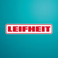 Werbung: Das rote Leifheit Logo zentriert auf einem türkis-blauen Hintergrund mit leichtem Farbverlauf.